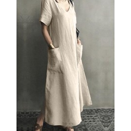 Women Cotton Short Sleeve V-neck Side Pocket Solid Midi Dress