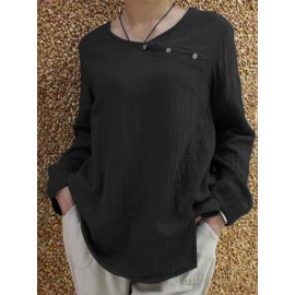 Women Cotton Pure Color Button O-Neck Long Sleeve Blouse