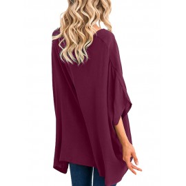 Women Round Neck High Low Hem Batwing Sleeve Blouse