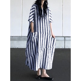 Women Loose Striped Round Neck Short Sleeve Dress with Pockets