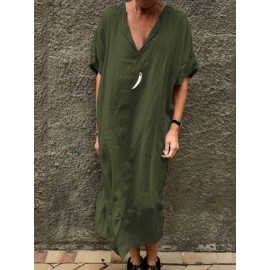 Women Solid Color V-neck Short Sleeve Split Baggy Kaftan Casual Dress