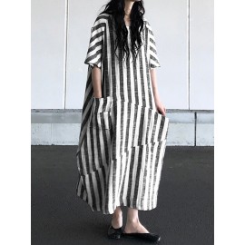 Women Loose Striped Round Neck Short Sleeve Dress with Pockets