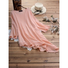 Women Solid Color Irregular Hem 3/4 Sleeve Blouse