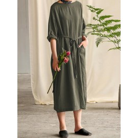 Women Cotton 3/4 Sleeve O Neck Casual Loose Side Pockets Long Maxi Dress