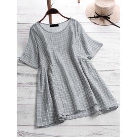 Women Cotton Plaid Crew Neck Short Sleeve Blouse