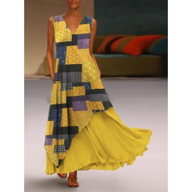 Elegant V Neck Splicing Printed Color Layered Sleeveless Maxi Dress