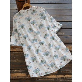 Women Print Button Down Crew Neck Short Sleeve Blouse