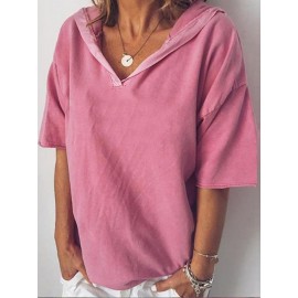 Women Short Sleeve V-neck Solid Casual Blouse