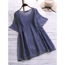 Women Cotton Plaid Crew Neck Short Sleeve Blouse