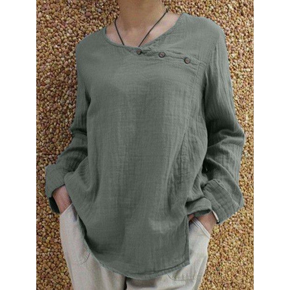 Women Cotton Pure Color Button O-Neck Long Sleeve Blouse