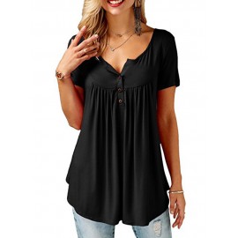 Women Round Neck Short Sleeve Button Up Casual Loose Tops