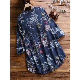 Women Vintage Floral Print V-neck Long Sleeve Asymmetrical Blouse