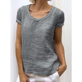 Women Solid Color Short Sleeve Round Neck Pleated Casual T-Shirts