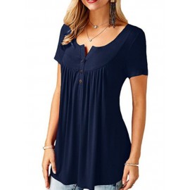 Women Round Neck Short Sleeve Button Up Casual Loose Tops