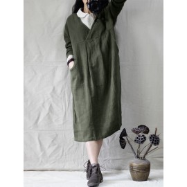 Women Pure Color Cotton Long Sleeve Side Pockets Dress