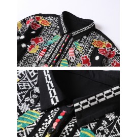 Women Ethnic Embroidery Turn-down Collar Loose Blouse