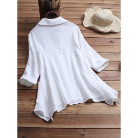 Women Cotton Pure Color Button Down Irregular Hem Blouse