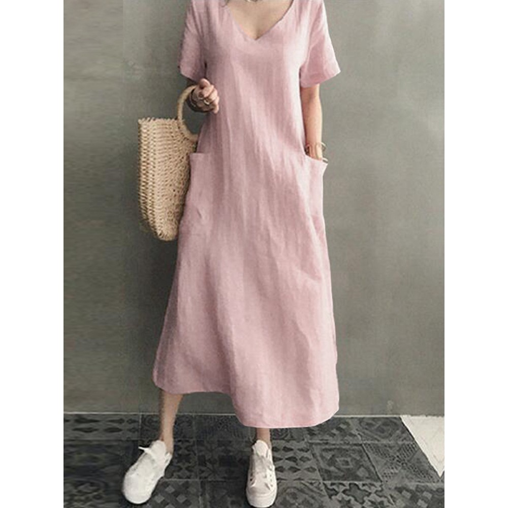 Women Cotton Short Sleeve V-neck Side Pocket Solid Midi Dress