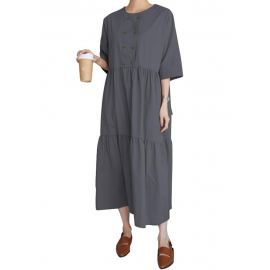 Women Casual Solid Color Loose Round Neck Half Sleeve Dress