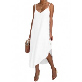 Women Sleeveless Strap V-neck Button Solid Maxi Dress