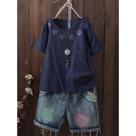 Women Cotton Short Sleeve O-Neck Embroidered T-Shirts