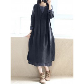 Women Pure Color Cotton Long Sleeve Side Pockets Dress