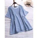 Women Cotton Plaid Crew Neck Short Sleeve Blouse