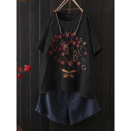 Women Floral Embroidered O-Neck Half Sleeve Blouse