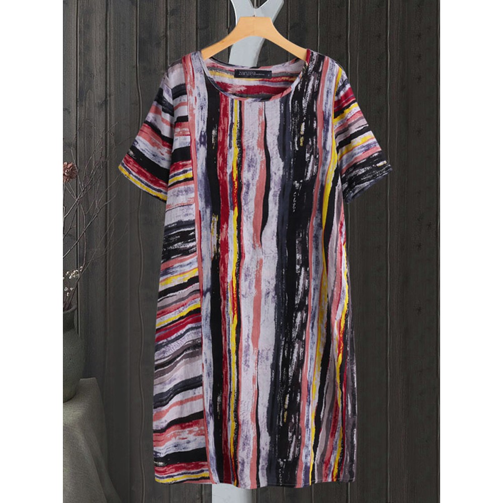 Women Casual Short Sleeve O-neck Stripe Dress