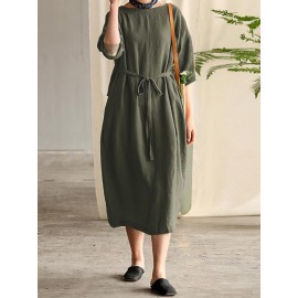 Women Cotton 3/4 Sleeve O Neck Casual Loose Side Pockets Long Maxi Dress