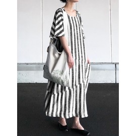 Women Loose Striped Round Neck Short Sleeve Dress with Pockets