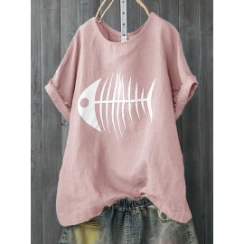 Women Casual Print Fish Bone Short Sleeve Cute T-Shirts