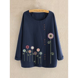 Women Casual Print Floral Crew Neck Long Sleeve Button Shirts