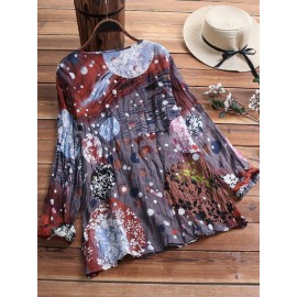 Women Retro Art Print Pleated Long Sleeve Blouse