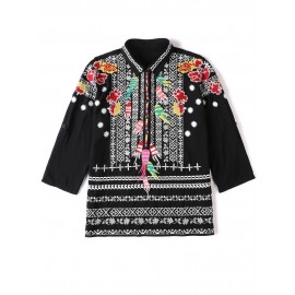 Women Ethnic Embroidery Turn-down Collar Loose Blouse