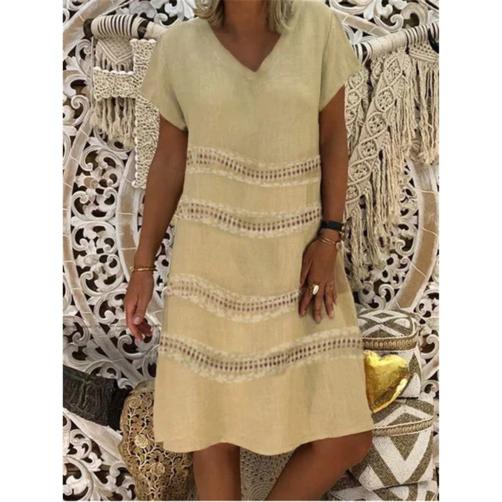 Women Casual Pure Color V-Neck Short Sleeve Dress