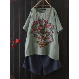 Women Floral Embroidered O-Neck Half Sleeve Blouse