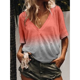 Women Casual Half Sleeve V Neck Gradient Shirts Tops