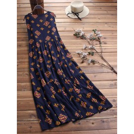 Women Print Folk Style V-Neck Sleeveless Dress