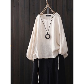 Women Loose Cotton Solid Color Round Neck Long Sleeve T-Shirts