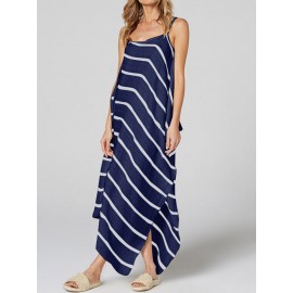 Women Casual Loose Striped Split Hem Strap Dress