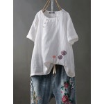 Women Short Sleeve O-neck Floral Embroidery Vintage Blouse