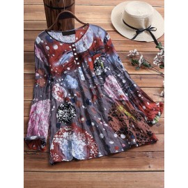 Women Retro Art Print Pleated Long Sleeve Blouse