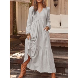 Women Solid Color O-neck Casual Maxi Dress