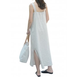 Women Loose Cotton Split Hem Sleeveless Strap Dress