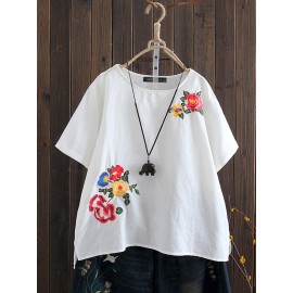 Women Embroidered O-Neck HighLow Hem Short Sleeve Blouse