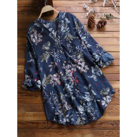 Women Vintage Floral Print V-neck Long Sleeve Asymmetrical Blouse