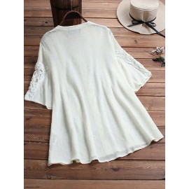 Women Solid Color Hollow Out Patchwork Blouse