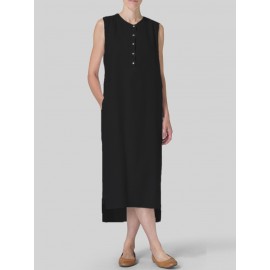 Women Sleeveless O-neck Button Side Split Long Shirt Dress