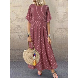 Women Polka Dot Print Short Sleeve O-neck Maxi Dress